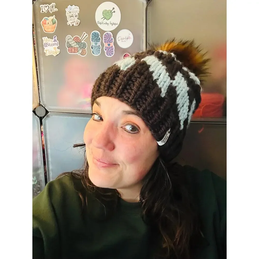 Hand Knit Tilt A Whirl Beanie: Cozy Winter Hat with Faux Fur Pom